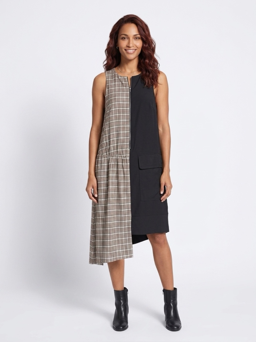 Tibi Black and Brown Plaid High-Low Dress